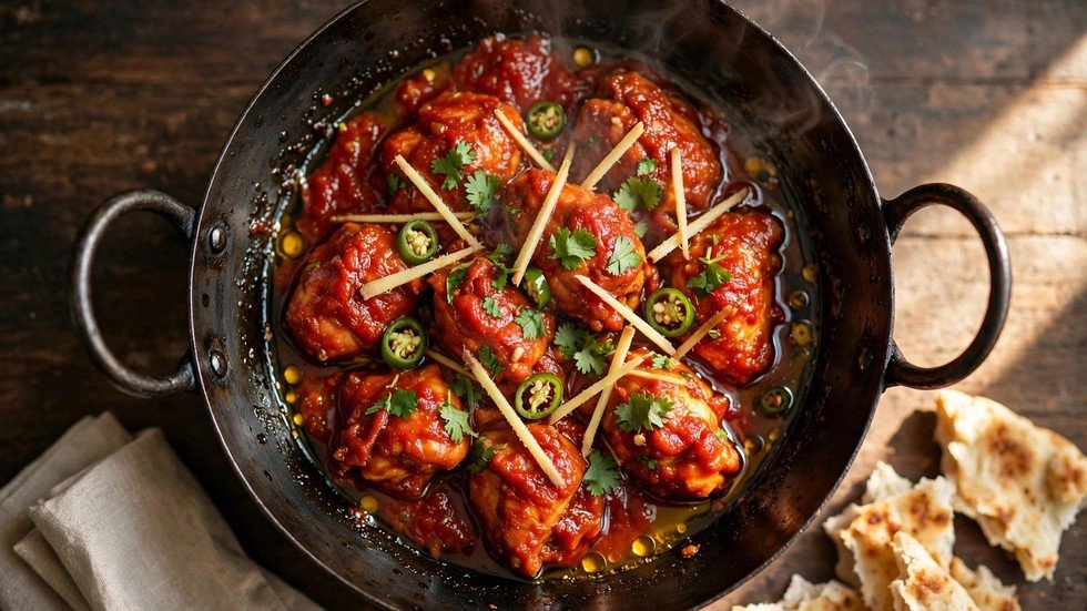 A sizzling karahi of 15 minute chicken karahi garnished with julienned ginger and green chilies