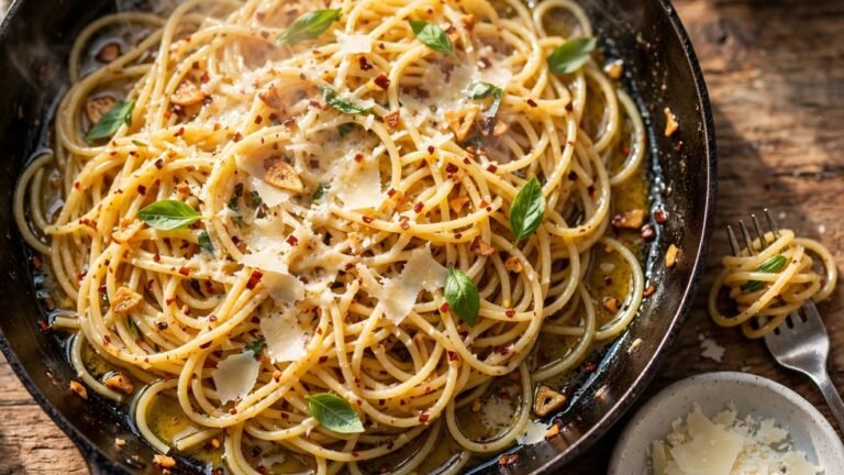 A pan of 15 minute garlic butter pasta with glossy parmesan strands and fresh basil leaves
