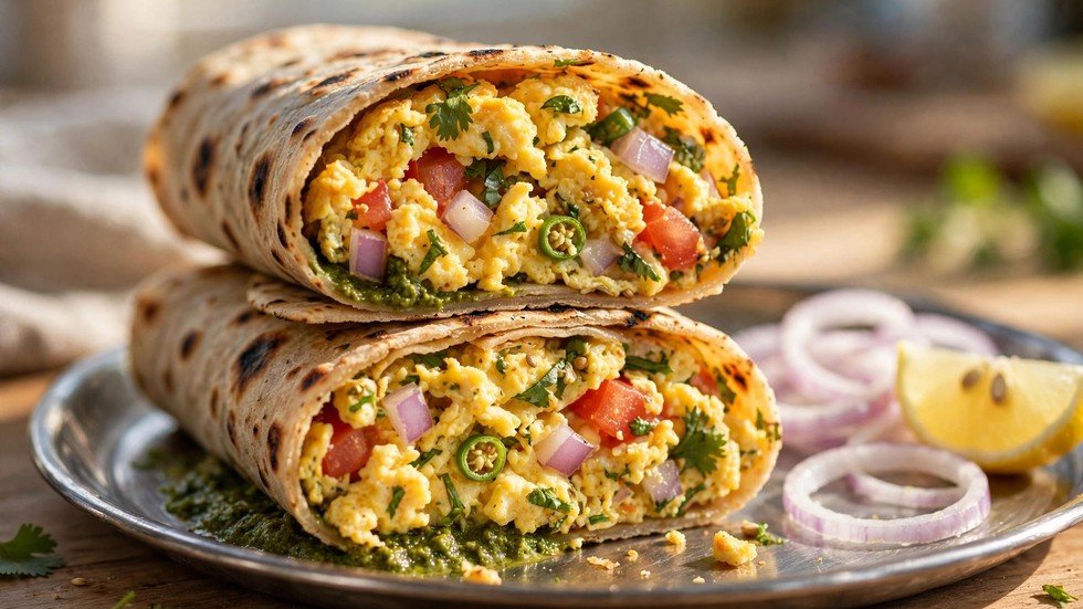 A golden masala omelette chapati wrap cut in half showing the fluffy spiced omelette inside