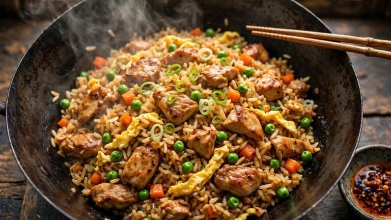 A wok of 15 minute chicken fried rice with golden chicken pieces, peas, carrots and spring onions