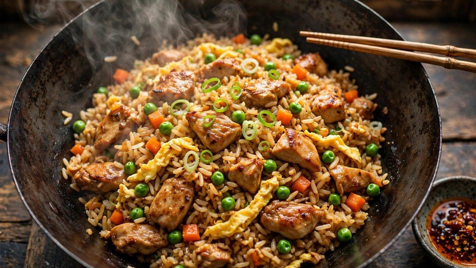 A wok of 15 minute chicken fried rice with golden chicken pieces, peas, carrots and spring onions