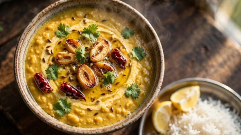 A bowl of creamy 15 minute masoor daal tadka with sizzling ghee tempering and fresh coriander