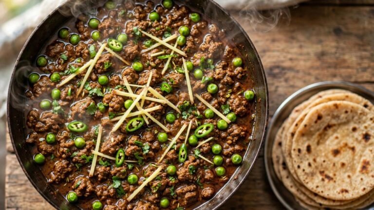 A pan of 15 minute beef keema with green peas garnished with julienned ginger and coriander