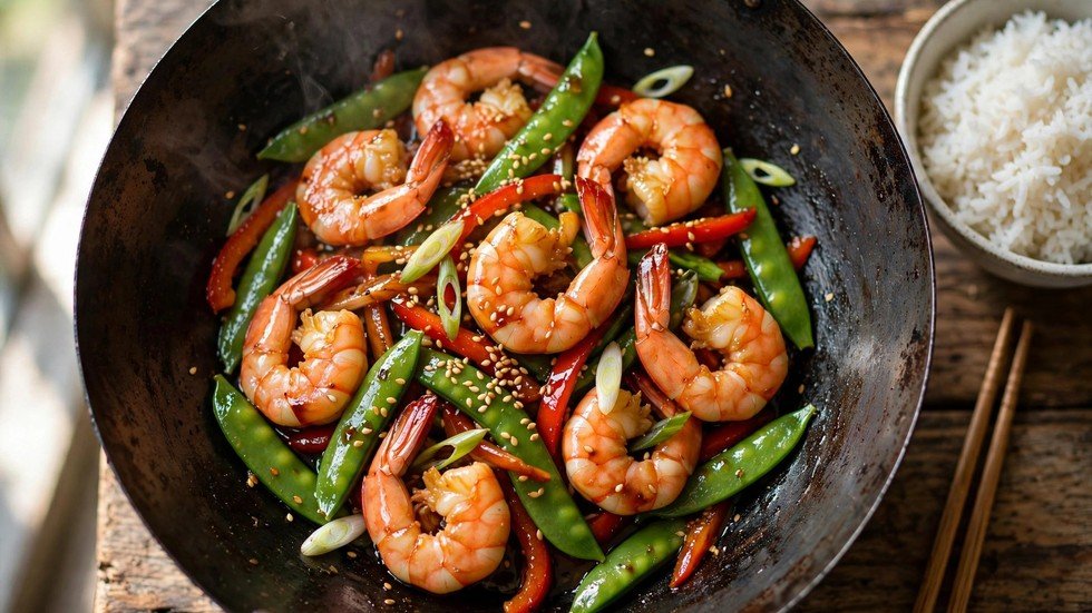 A sizzling wok of 15 minute shrimp stir-fry with soy-garlic sauce and crisp vegetables