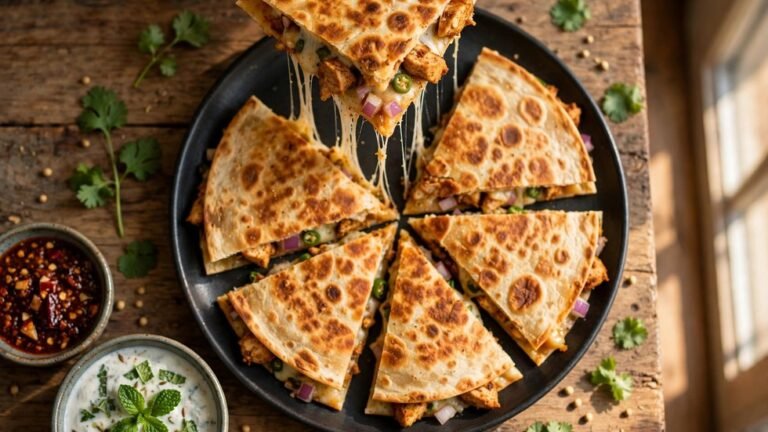 Golden crispy desi chicken quesadillas with spiced filling and melted cheese