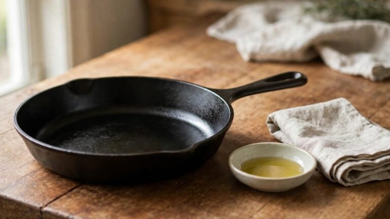 How to season a frying pan: newly seasoned cast iron pan with smooth dark patina on wooden countertop