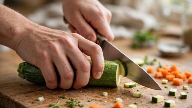 Knife skills for beginners: hands using the claw grip to dice an onion on a wooden cutting board