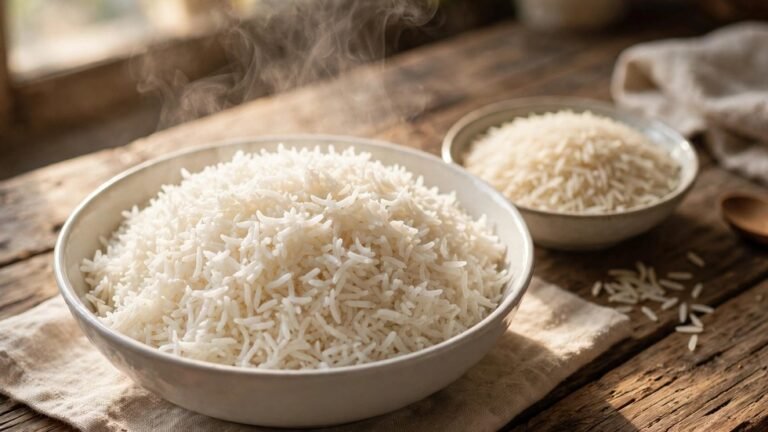How to cook basmati rice: a bowl of fluffy cooked basmati rice with long separate grains and steam rising