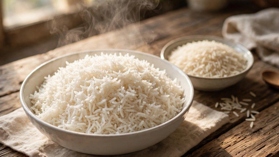 How to cook basmati rice: a bowl of fluffy cooked basmati rice with long separate grains and steam rising