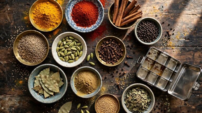 Pakistani spices guide: a top-down view of colorful Pakistani spices in small bowls on a wooden table