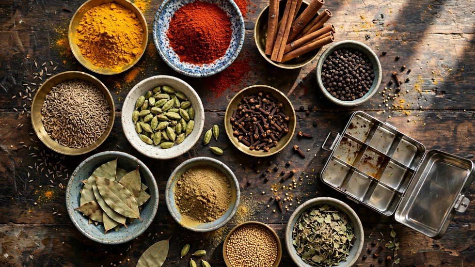 Pakistani spices guide: a top-down view of colorful Pakistani spices in small bowls on a wooden table