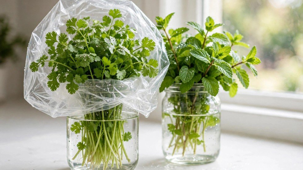 Keep fresh herbs fresh: fresh coriander and mint stored in glass jars of water in a bright kitchen