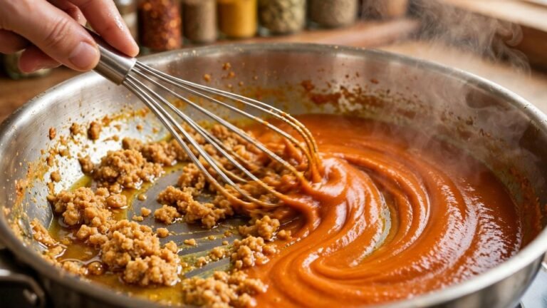 Fix broken curry: a hand whisking a split curry sauce back together in a pan