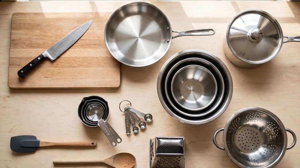 Kitchen tools for beginners: essential beginner kitchen tools arranged on a wooden countertop including a chef's knife and cutting board