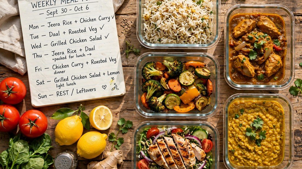Weekly meal plan with prepped food containers and fresh groceries on a kitchen counter