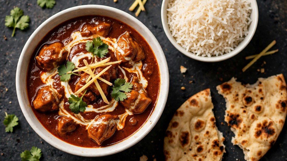 A bowl of budget chicken curry in rich red gravy garnished with coriander, served with steamed rice