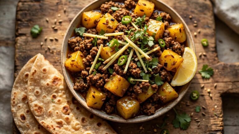 One-pot aloo keema with spiced minced beef and tender potatoes, garnished with ginger and coriander