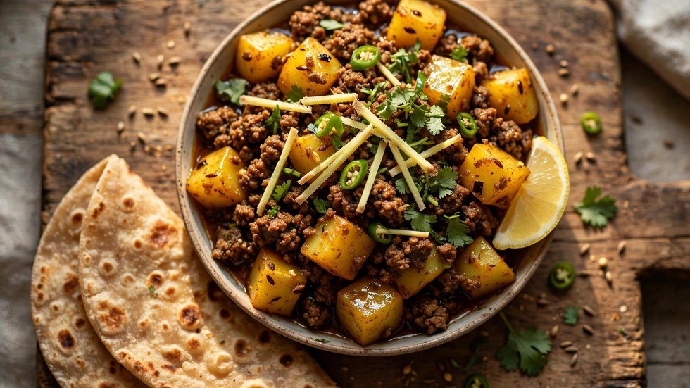 One-pot aloo keema with spiced minced beef and tender potatoes, garnished with ginger and coriander