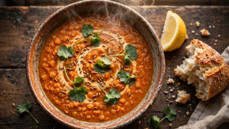 A bowl of creamy red lentil soup with a swirl of cream, cumin seeds, and fresh herbs