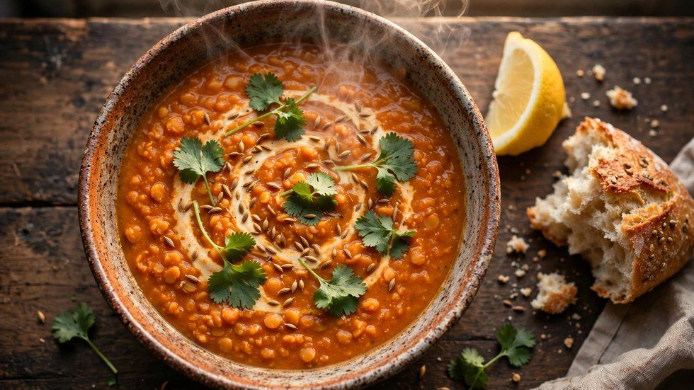 A bowl of creamy red lentil soup with a swirl of cream, cumin seeds, and fresh herbs