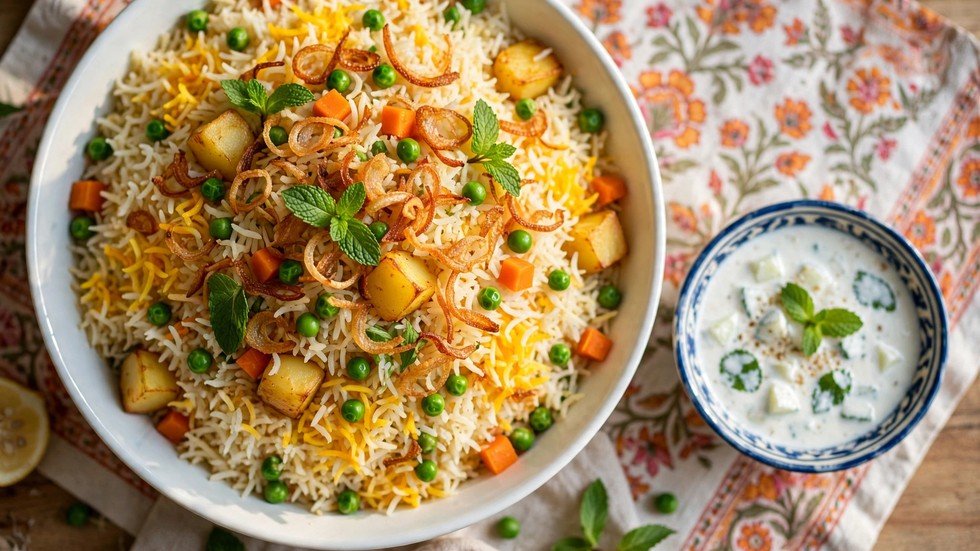 One-pot vegetable biryani with golden saffron rice, peas, carrots, and crispy onions in a serving dish